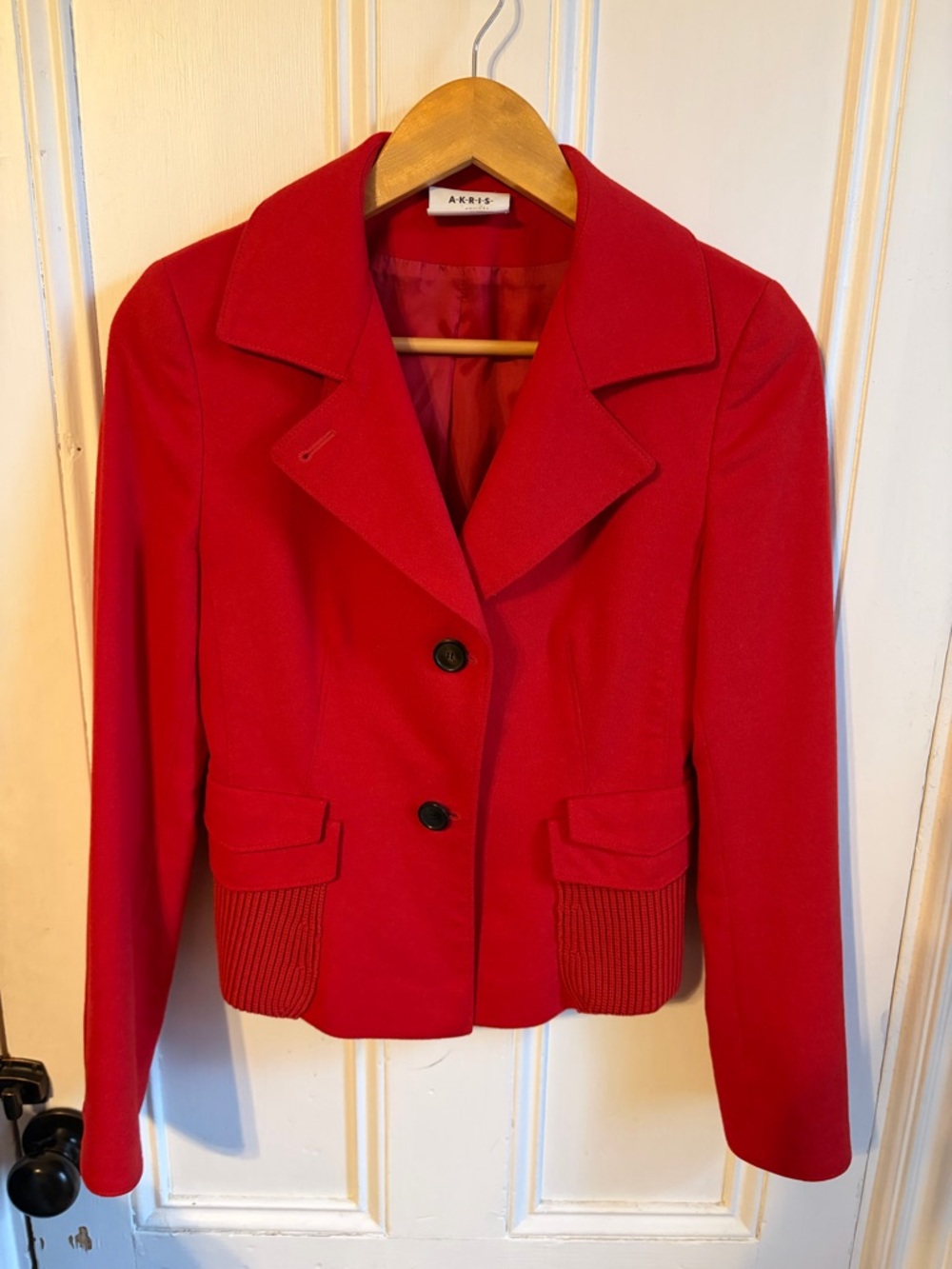 Akris Punto Wool Angora Red Blazer Jacket Ribbed Knit Trim US 4